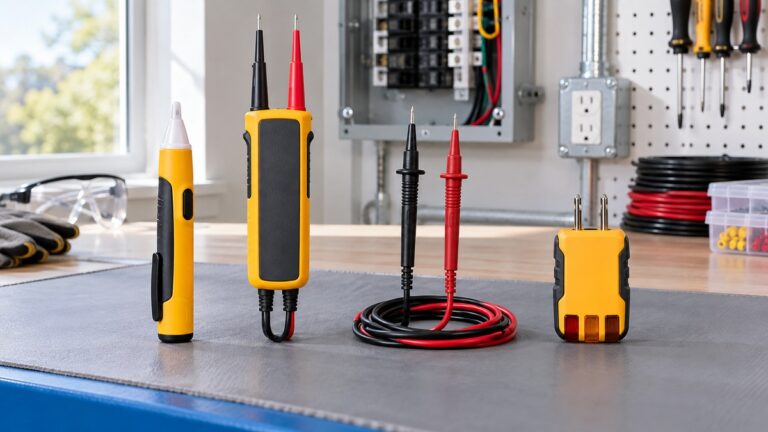 Several generic wire voltage tester formats arranged on an insulated workbench.