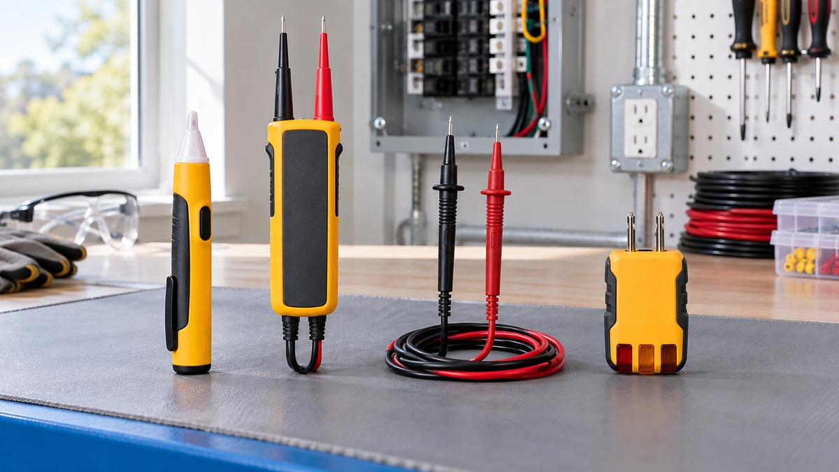Several generic wire voltage tester formats arranged on an insulated workbench.