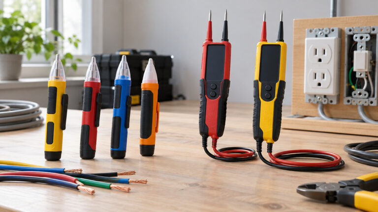 Generic non-contact and two-pole voltage testers arranged on an electrical workbench.