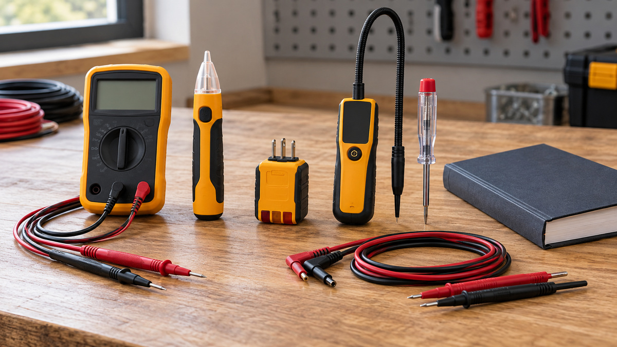 Several wiring tester styles and color-coded leads sit beside a plain safety manual.