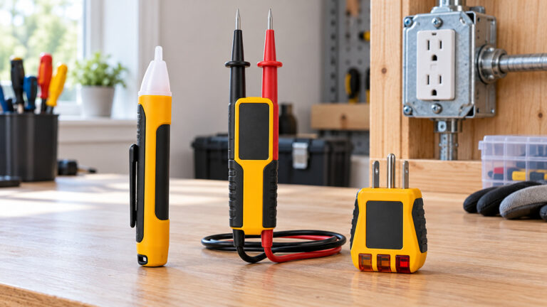 Generic voltage tester styles arranged beside a safe outlet demonstration panel.