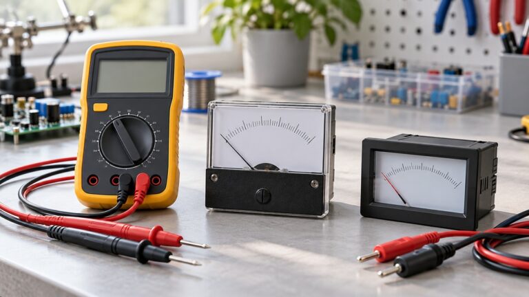 Digital analog and panel voltmeters compared on a clean electronics workbench.