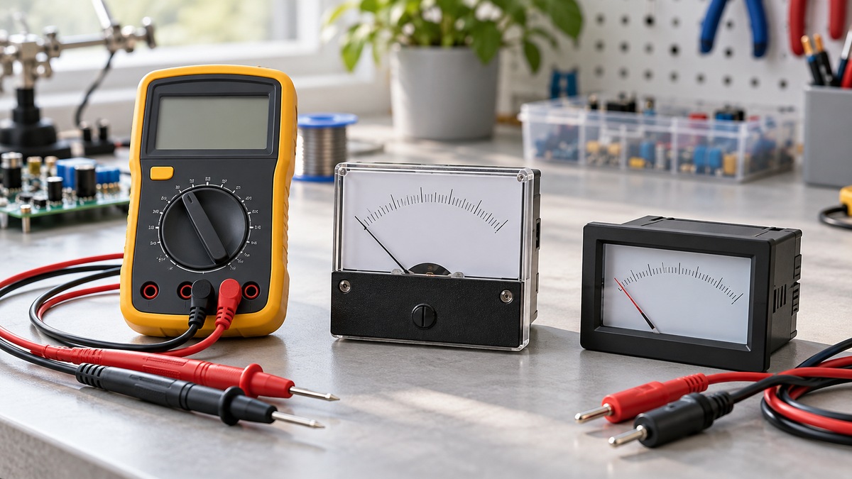 Digital analog and panel voltmeters compared on a clean electronics workbench.