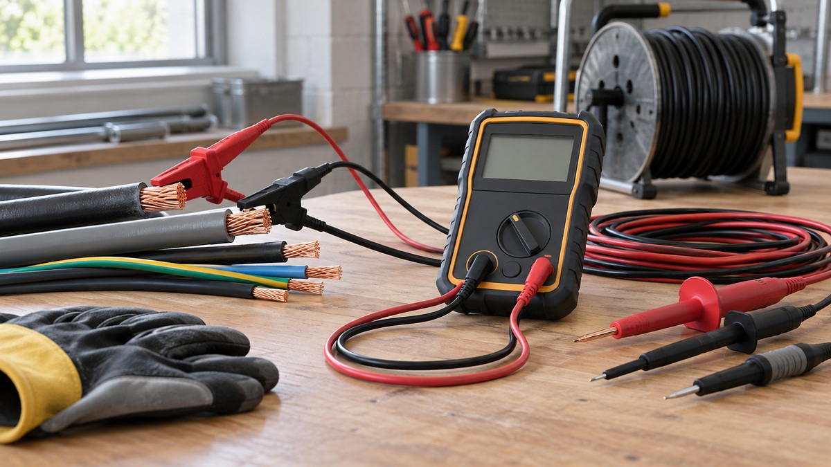 Cable insulation testing setup with a generic meter, probes, and exposed cable samples.