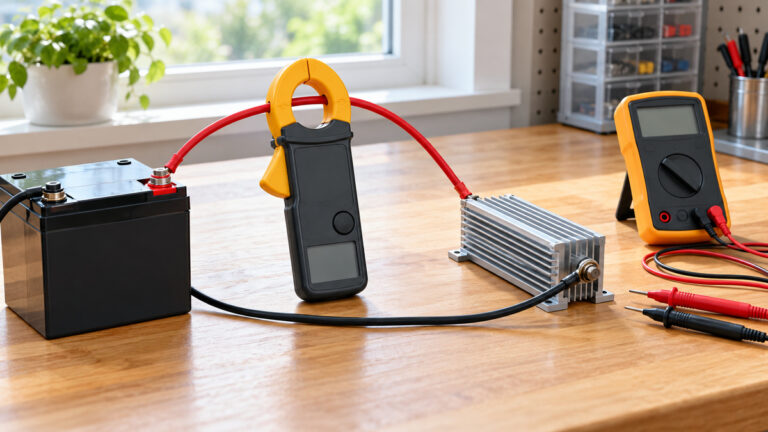 A generic clamp meter measuring one DC cable between a battery and bench load.