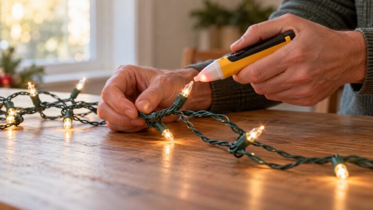 Hands checking a strand of Christmas lights with a generic non-contact voltage tester.