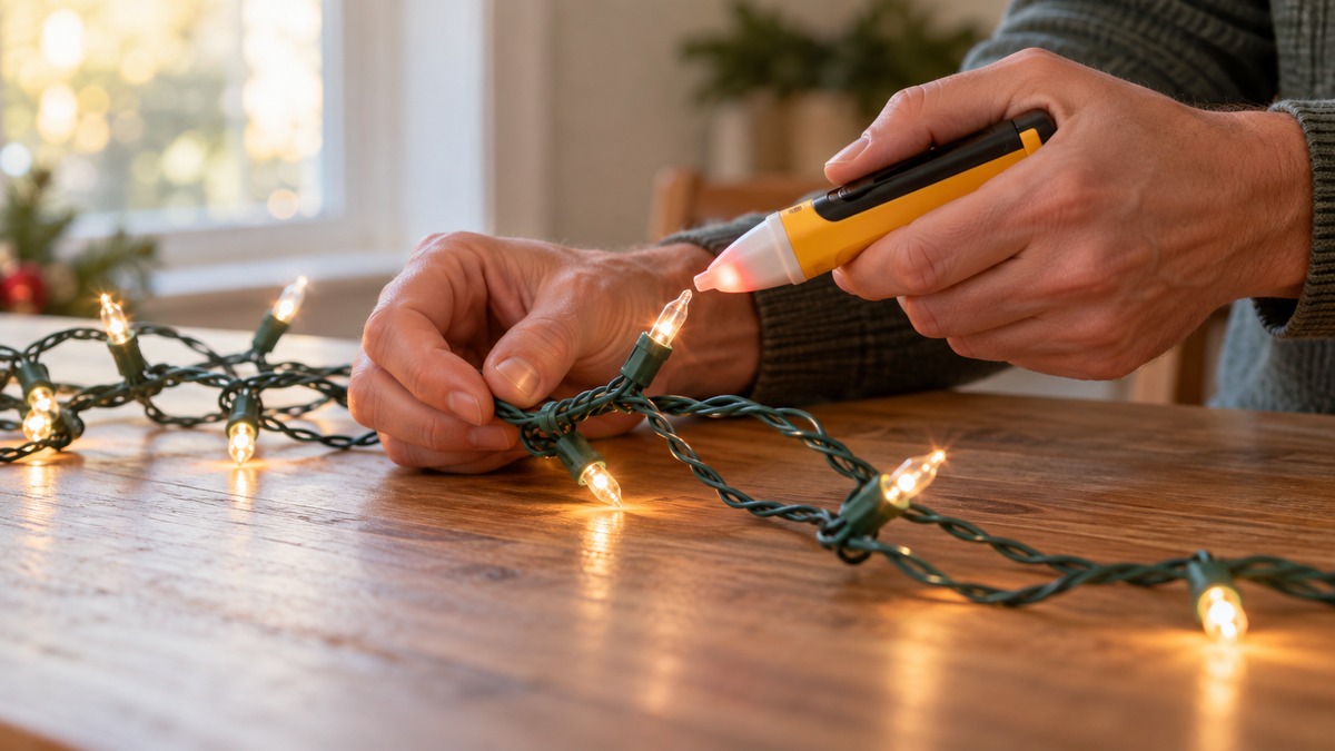 Hands checking a strand of Christmas lights with a generic non-contact voltage tester.