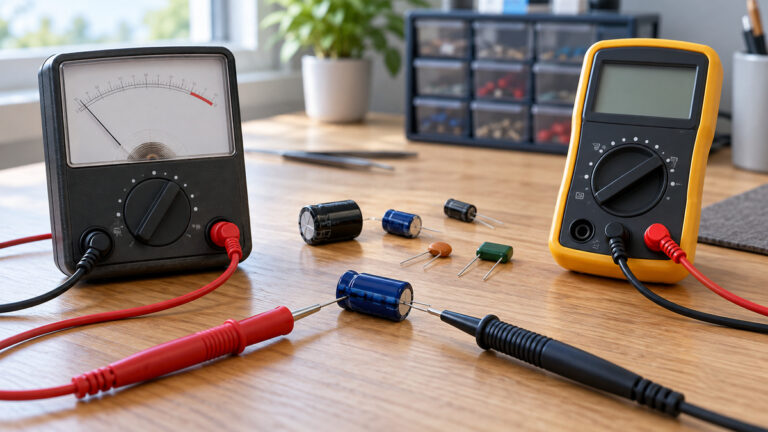 Analog and digital meters testing loose capacitors on a bright electronics workbench.