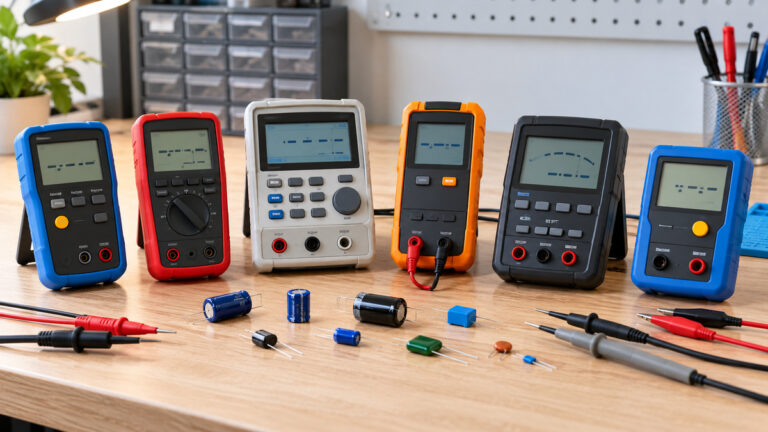 Six generic capacitor readers are arranged with probes and loose capacitors.