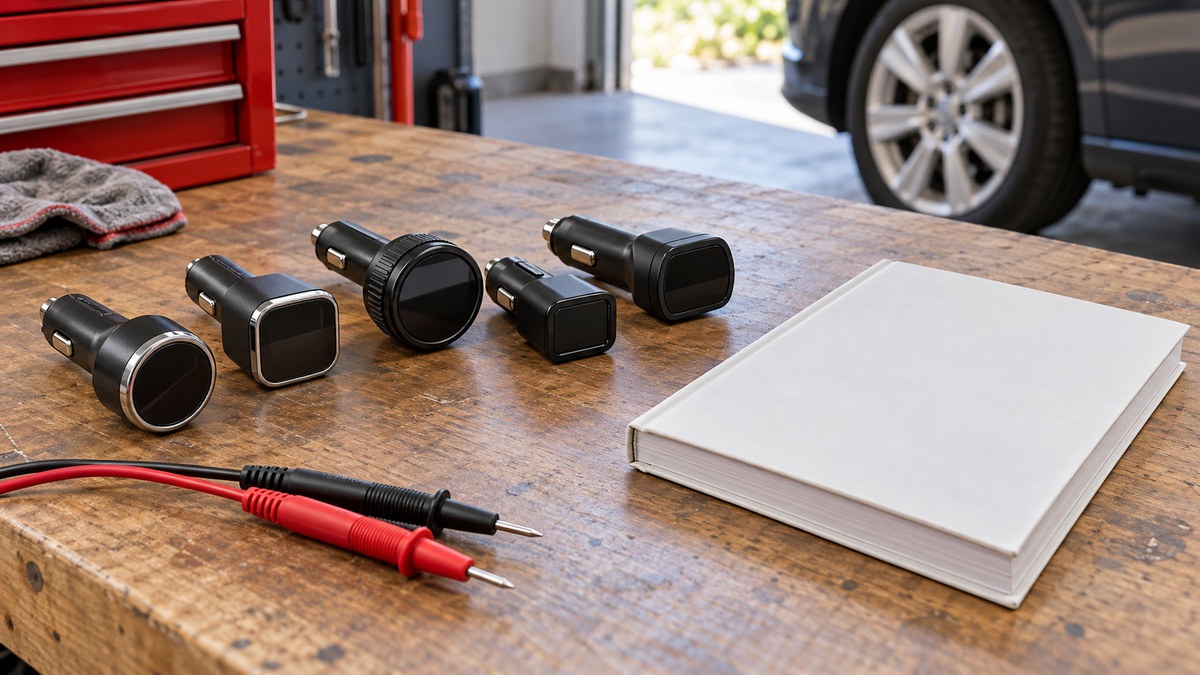 Generic car lighter voltmeters with test leads on an automotive workbench.