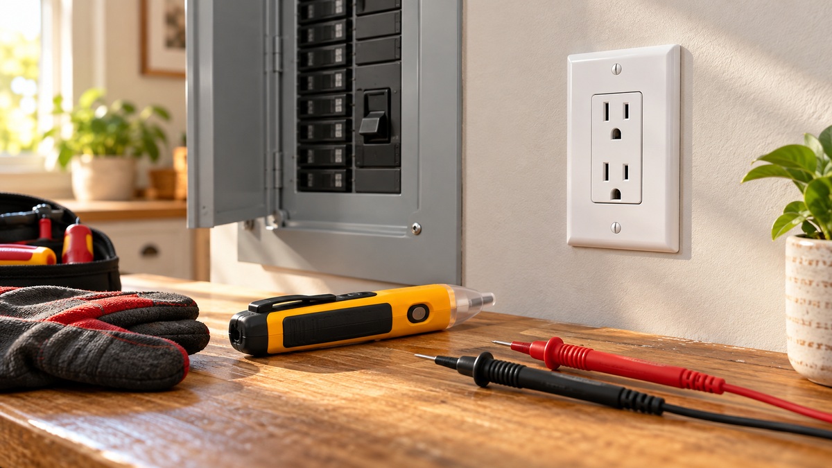 A generic voltage tester and insulated probes beside an intact wall outlet and breaker panel.