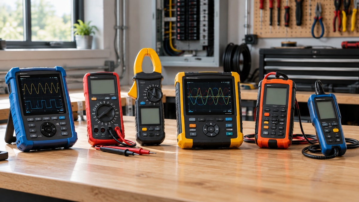 Six generic circuit analyzers arranged for comparison on an electrician's workbench.