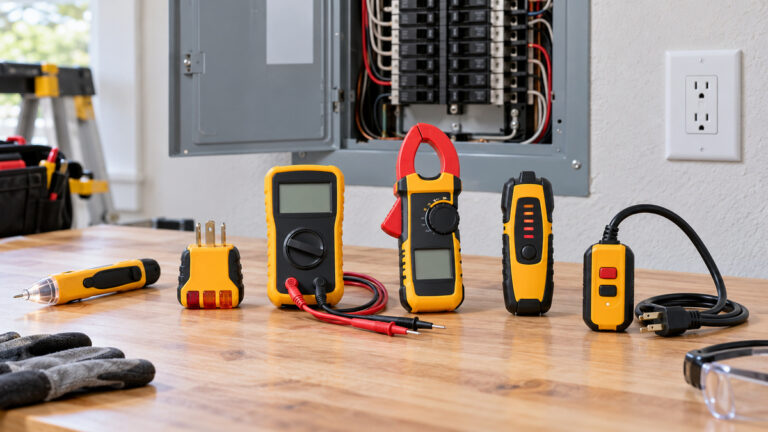 Six generic circuit breaker checking tools sit on a clean electrician's workbench.
