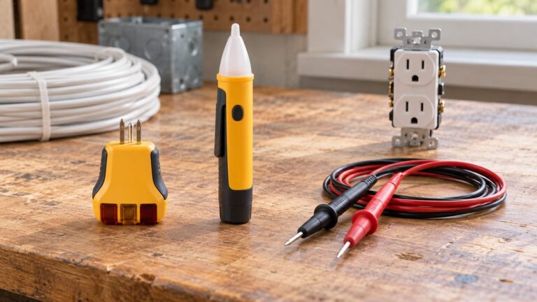Generic electrical circuit checkers arranged on a clean electrician's workbench.