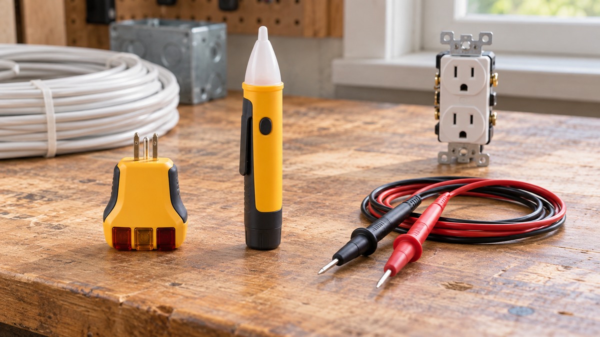 Generic electrical circuit checkers arranged on a clean electrician's workbench.