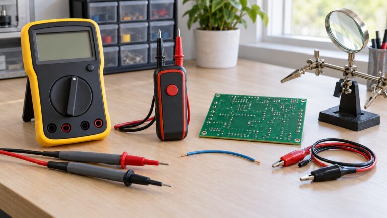 Circuit continuity testers and probes are arranged on an electronics workbench.