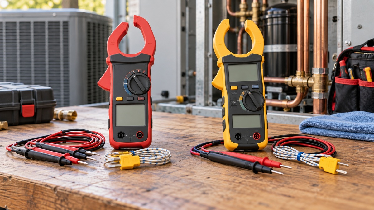 Generic clamp meters with thermocouple probes arranged beside copper HVAC tubing.