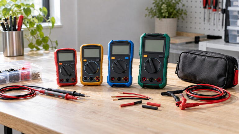 Compact generic pocket multimeters compared with fine probes and wire samples.