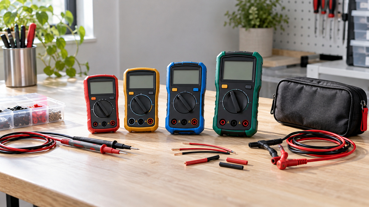 Compact generic pocket multimeters compared with fine probes and wire samples.