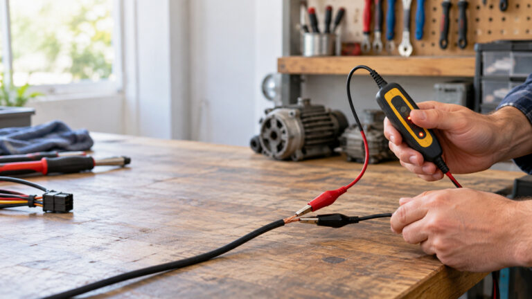 A close-up photograph of a handheld continuity checker with leads clipped to a de-energized wire on a workbench.