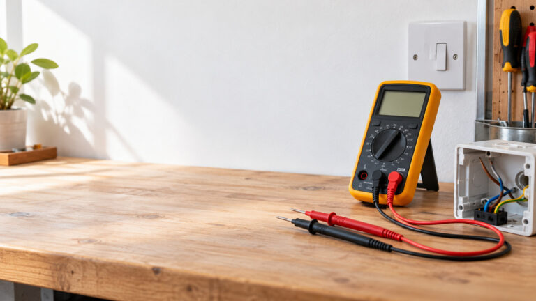 A continuity tester and multimeter leads arranged for a power-off continuity check.