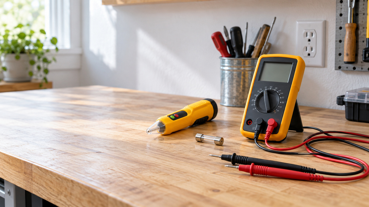 A workbench photo showing a yellow continuity tester and a digital multimeter with red and black leads beside a fuse.