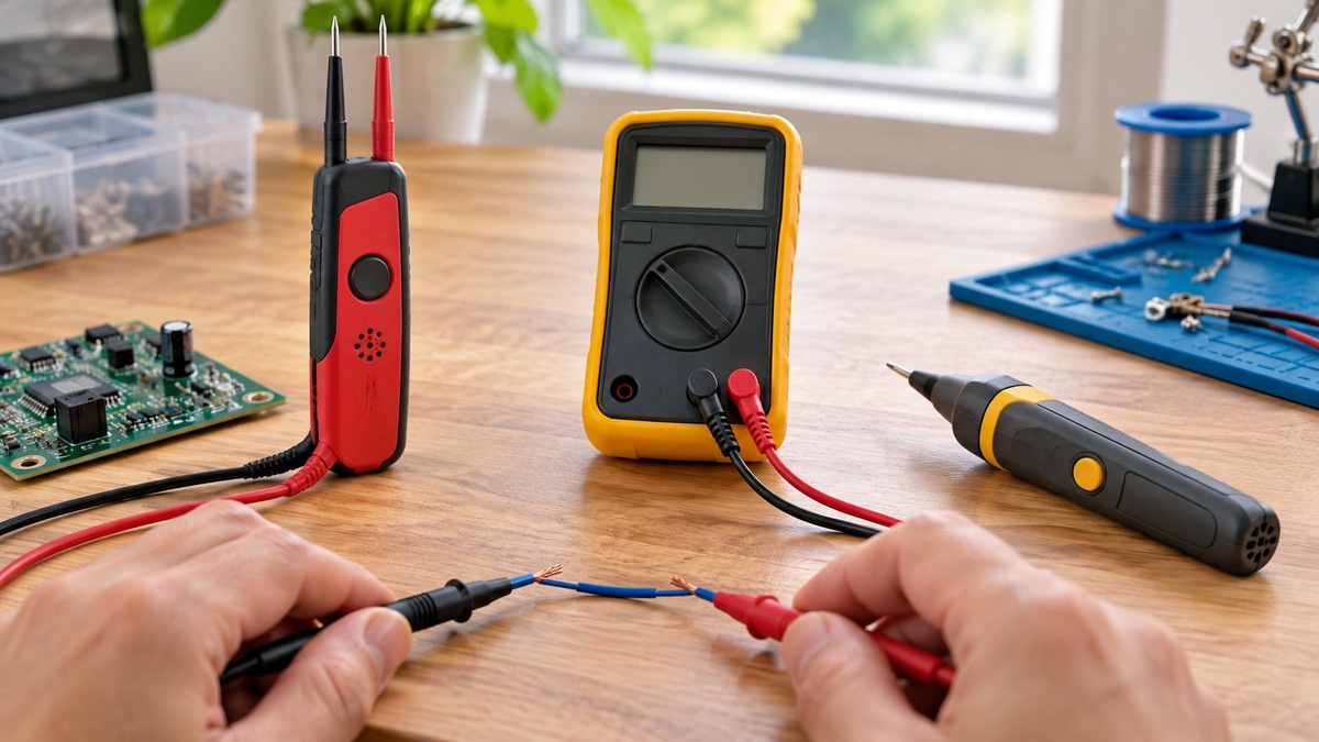 Generic continuity testing tools checking a loose low-voltage wire on a repair bench.