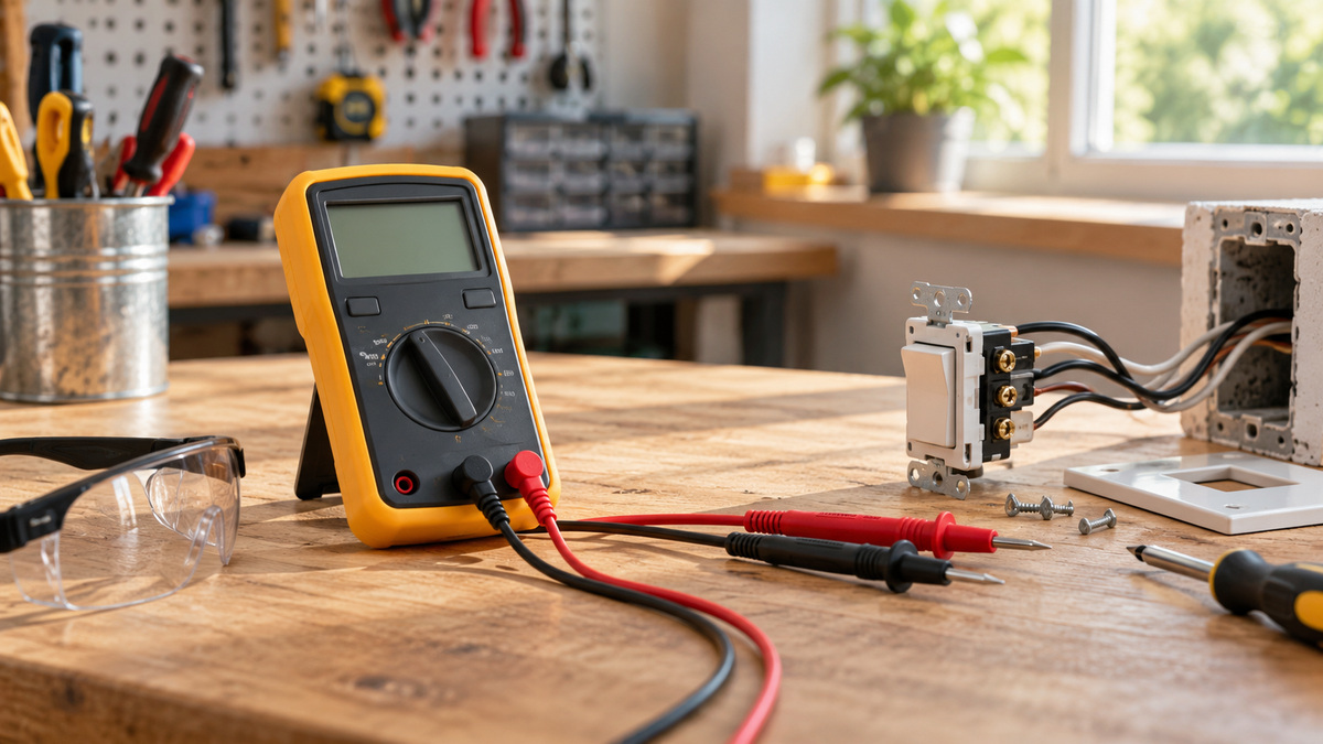 A generic digital voltmeter and probes on a bright home workshop bench.