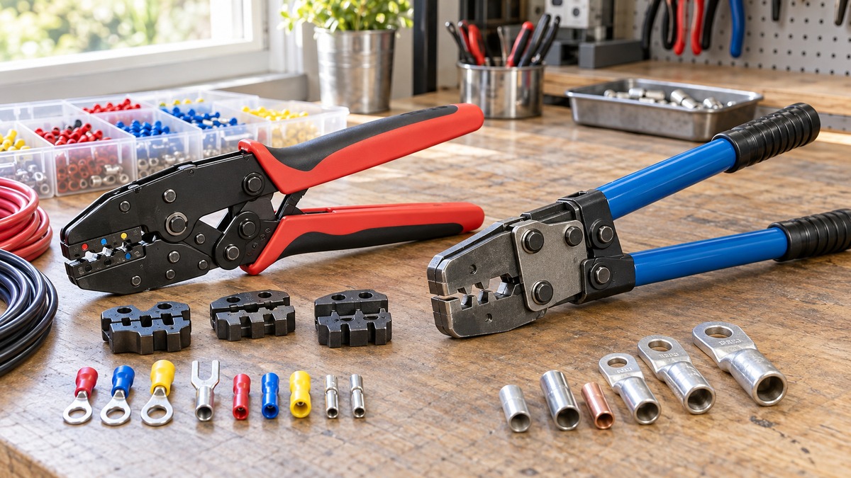 Side-by-side view of the iCRIMP and KLEIN TOOLS crimpers products on a neutral background, emphasizing visible differences in size and configuration.