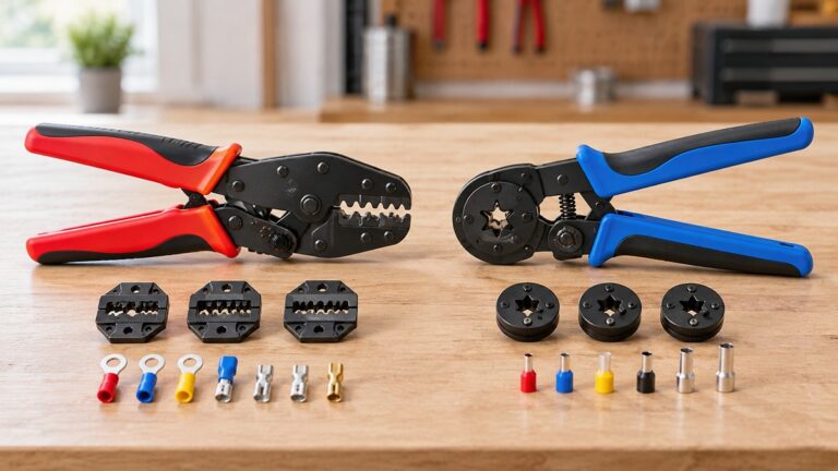 Two generic wire crimping tools with different jaws and handles on a neutral workbench.