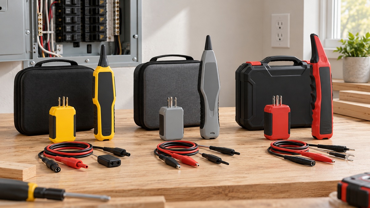 Three generic digital circuit finder kits arranged on an electrician's workbench.