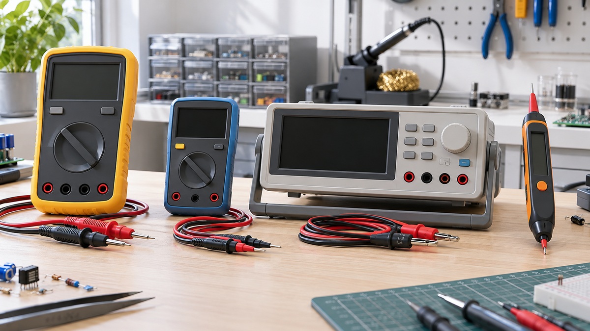 Several generic digital multimeter formats displayed on a clean electronics workbench.