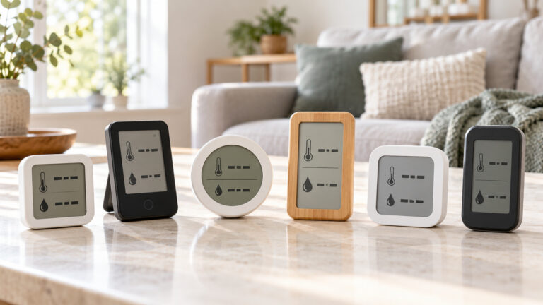 Six generic digital temperature and humidity meters are arranged in a bright home.
