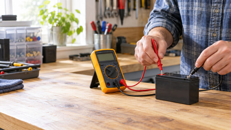 A homeowner checking a battery with a digital voltmeter on a workbench with test leads visible.