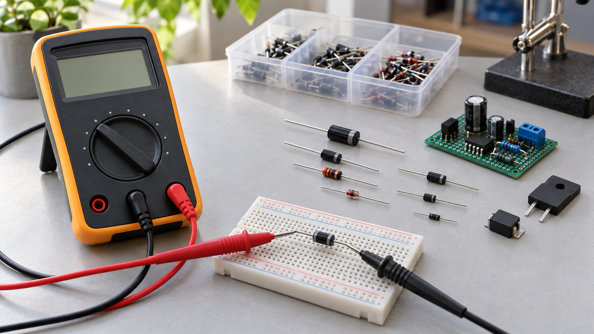 Generic multimeter probes testing diodes on a tidy electronics workbench.