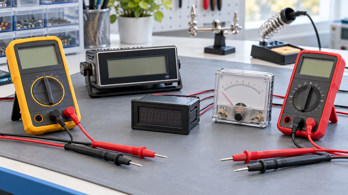 Several generic display voltmeters and separated probes arranged on an electronics bench.