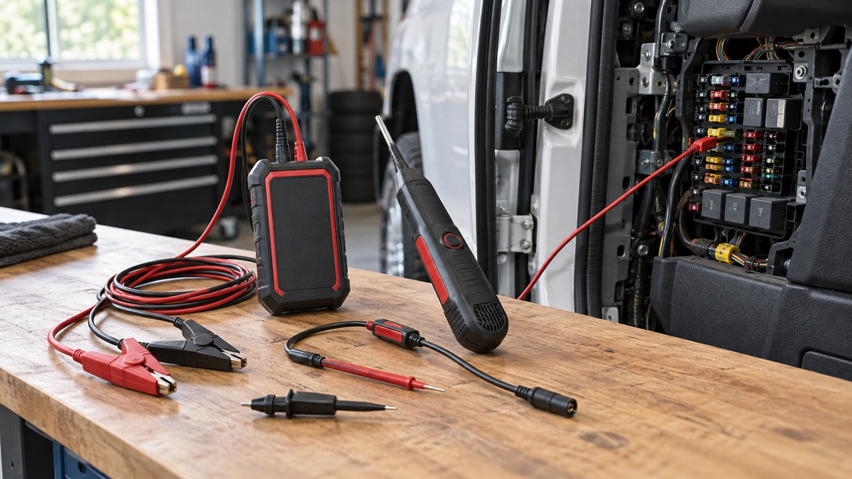 A generic automotive electrical short-finding kit beside an open vehicle fuse panel.