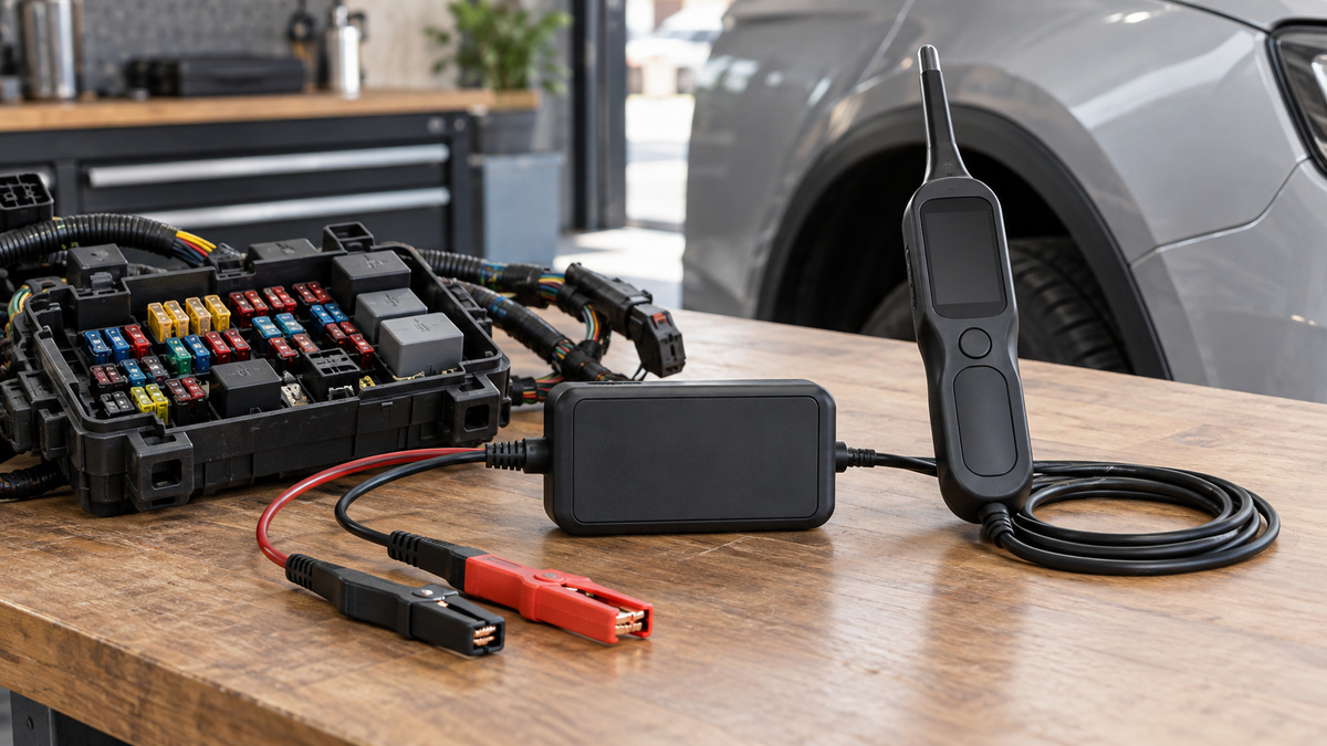Generic automotive short-finding tools beside a fuse box on a clean garage bench.