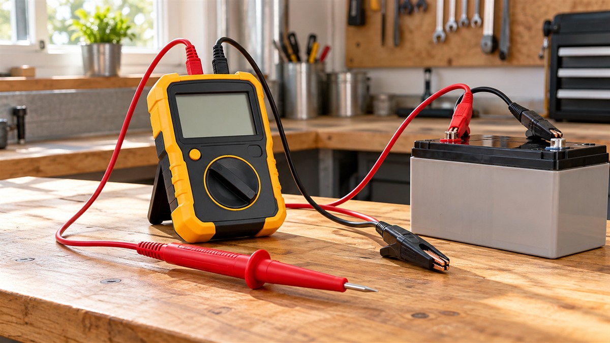 A yellow and black handheld megohmmeter with a red high-voltage test probe and alligator clips laid out on a workbench beside a battery box.
