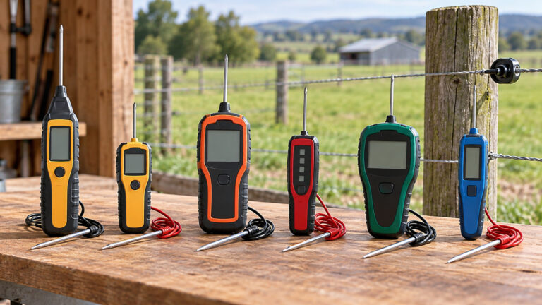 Six electric fence voltmeter options arranged on a farm workshop bench.