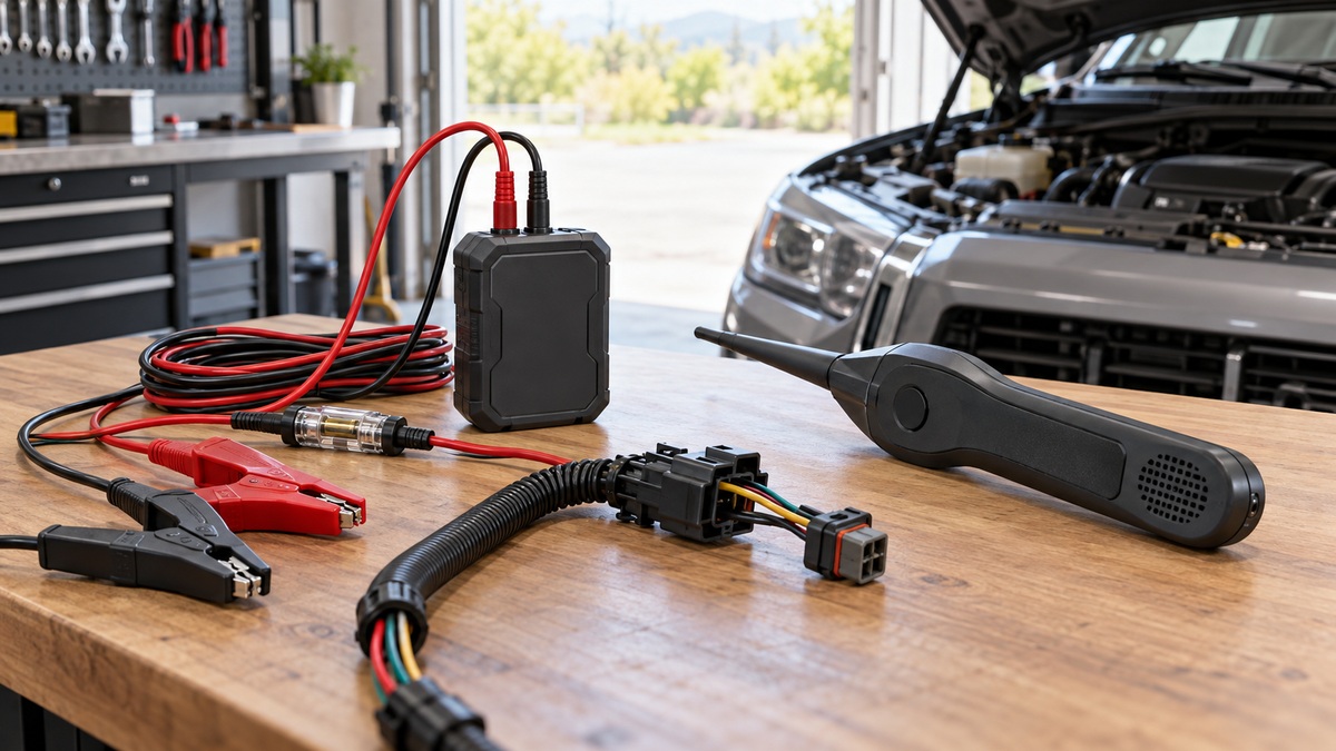 A generic automotive circuit tracer kit and wiring harness on a garage workbench.