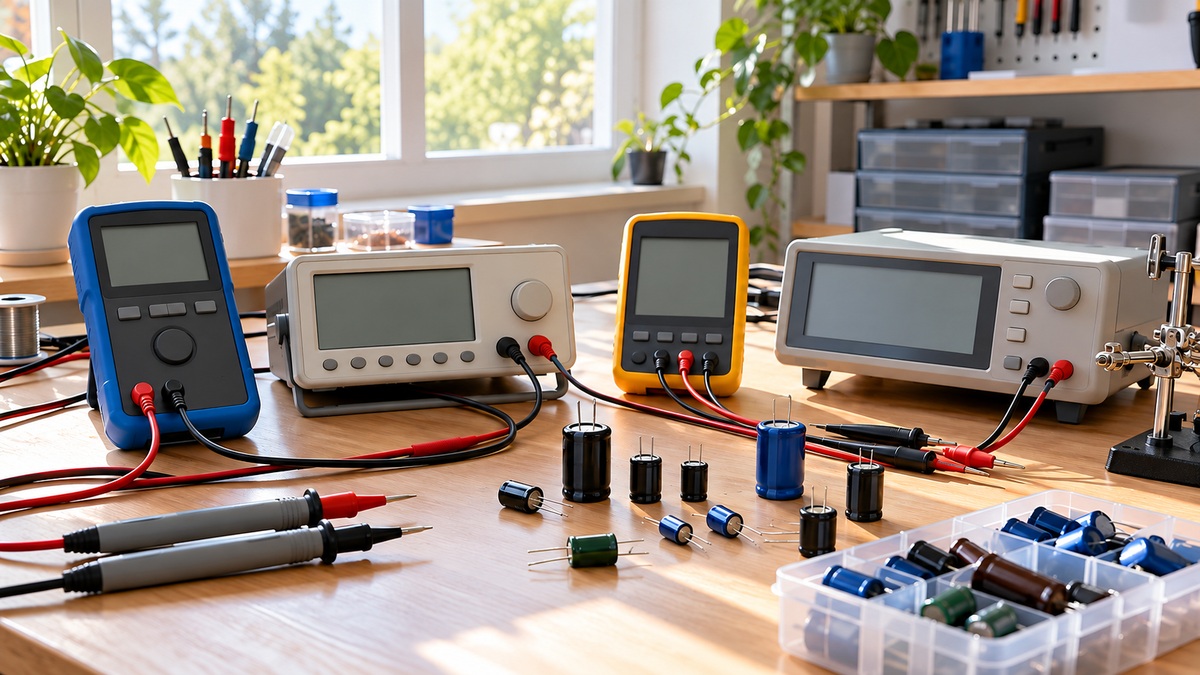 ESR measurement instruments and test leads are arranged with capacitors on a bright electronics workbench.