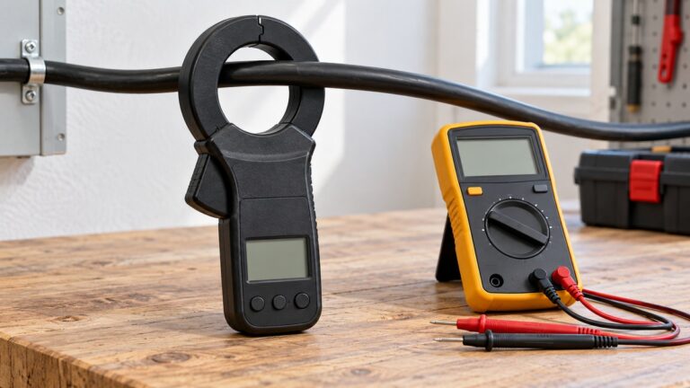 A black clamp meter with a large jaw and a small LCD display, held near a single insulated cable on a workbench beside a multimeter.