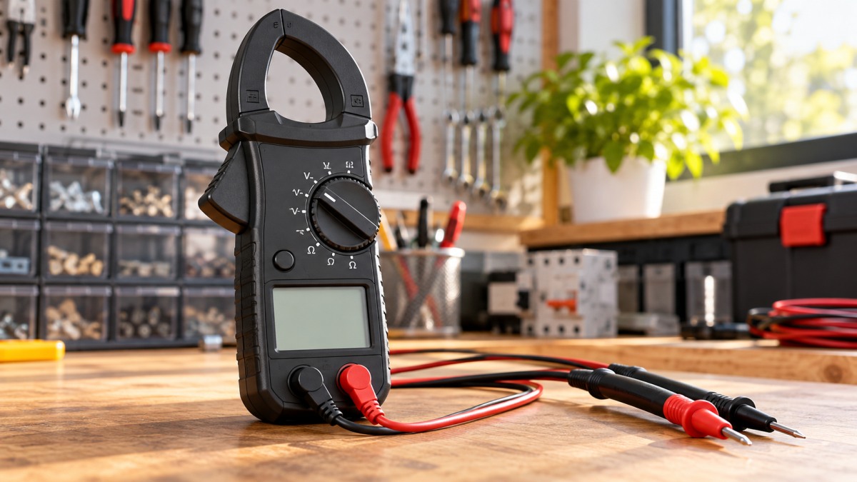 A black digital clamp meter with a backlit display and an LED flashlight, resting on a workbench beside a set of test leads.