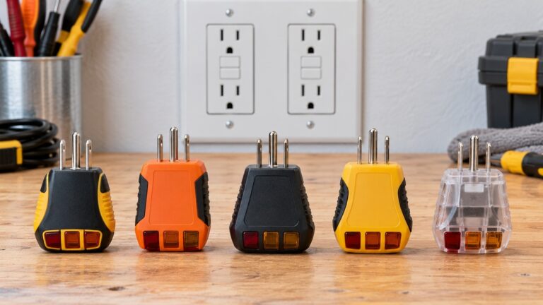 Five unbranded GFCI outlet testers are arranged in front of a workshop outlet panel.