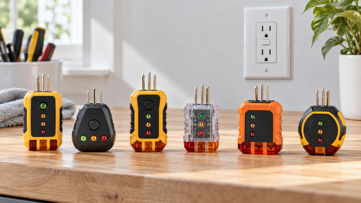 Six generic GFCI and open-ground outlet testers arranged beside a wall receptacle.