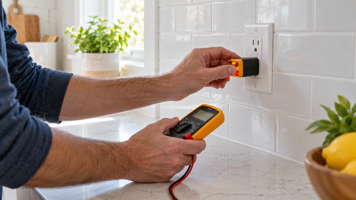 An adult performs a safe ground-fault outlet check with two unbranded testing devices.