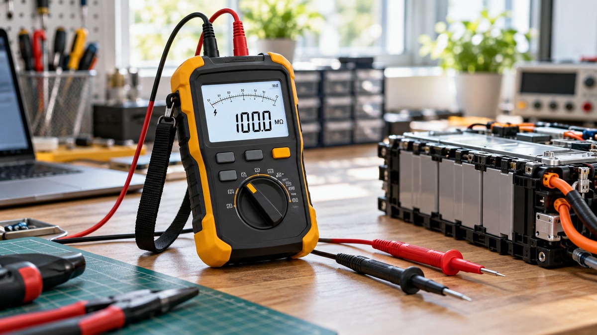 A handheld insulation resistance tester with a white backlit display and a hand strap, resting on a workbench beside a set of test leads and a battery pack.