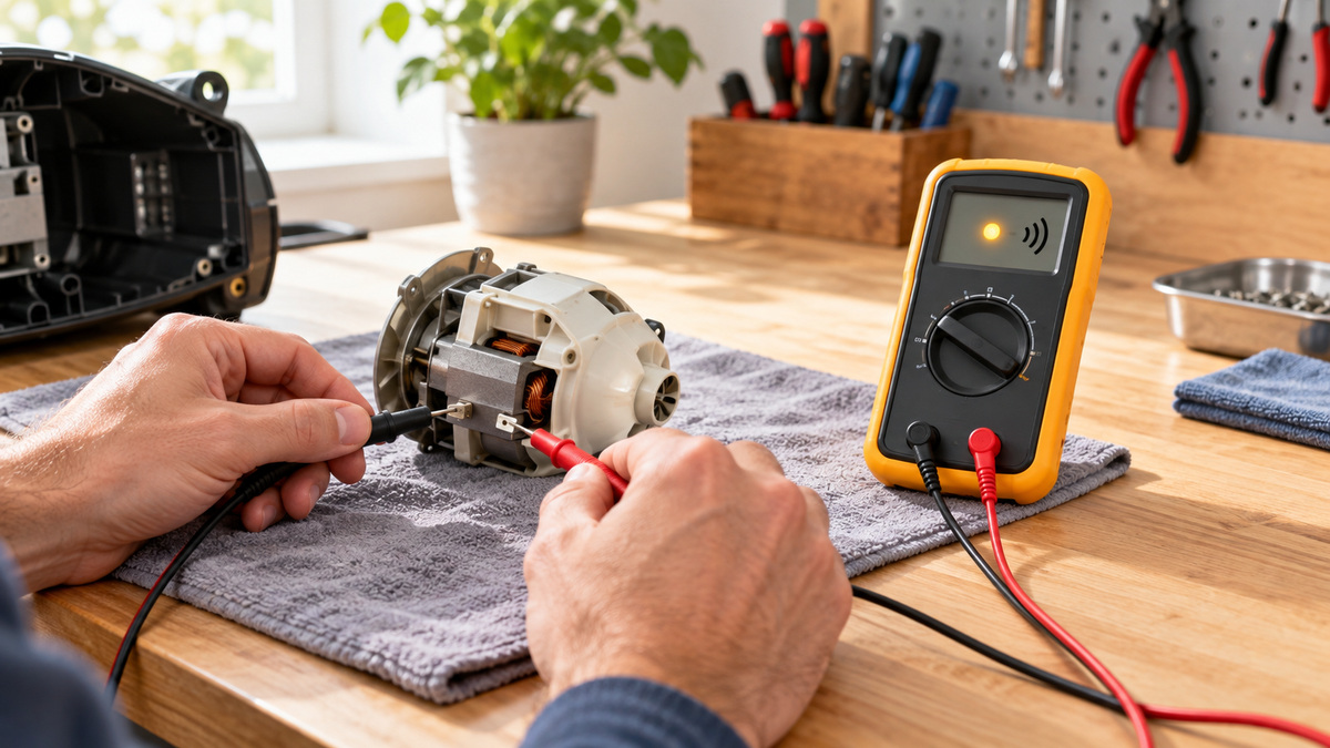 A continuity tester being used on a disconnected component at a home workbench.