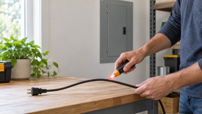 A homeowner checks an intact power cord with a non-contact voltage tester.